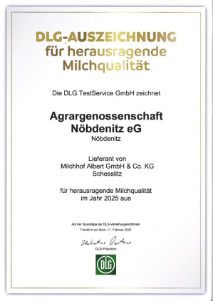 Die Agrargenossenschaft Nöbdenitz erhielt von der DLG TestService GmbH die DLG Auszeichnung für herausragende Milchqualität im Jahr 2025 an Lieferanten Milchhof Albert GmbH aus Schesslitz.